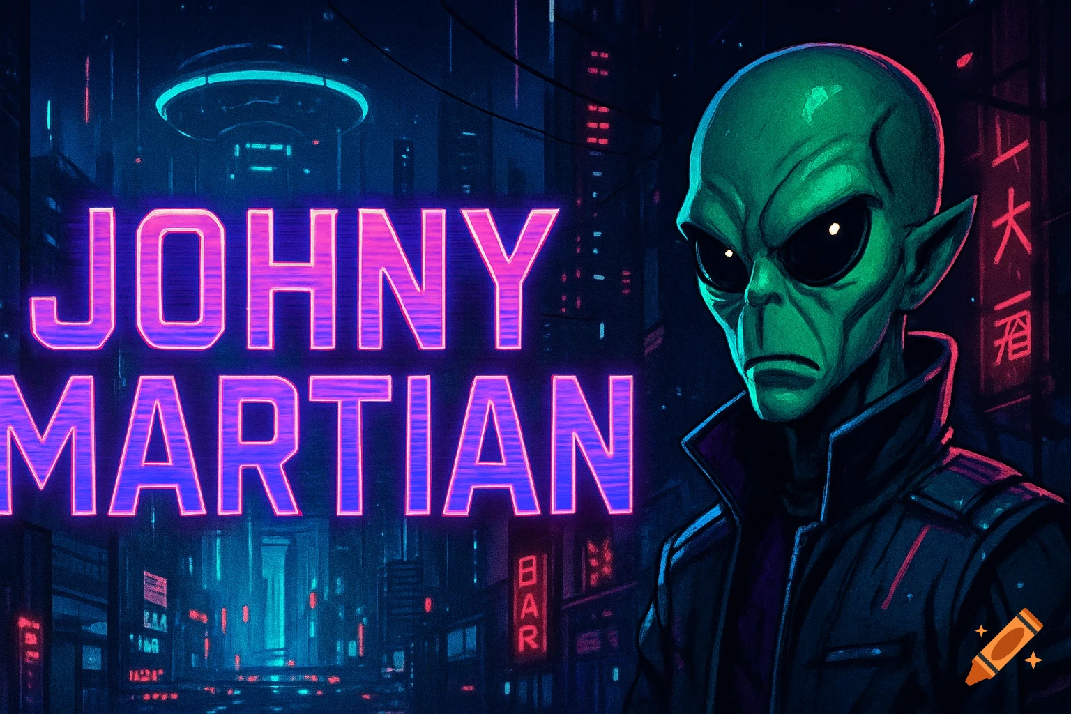 A green alien face in a neon-lit cyberpunk city with the text 'JOHNY MARTIAN'.