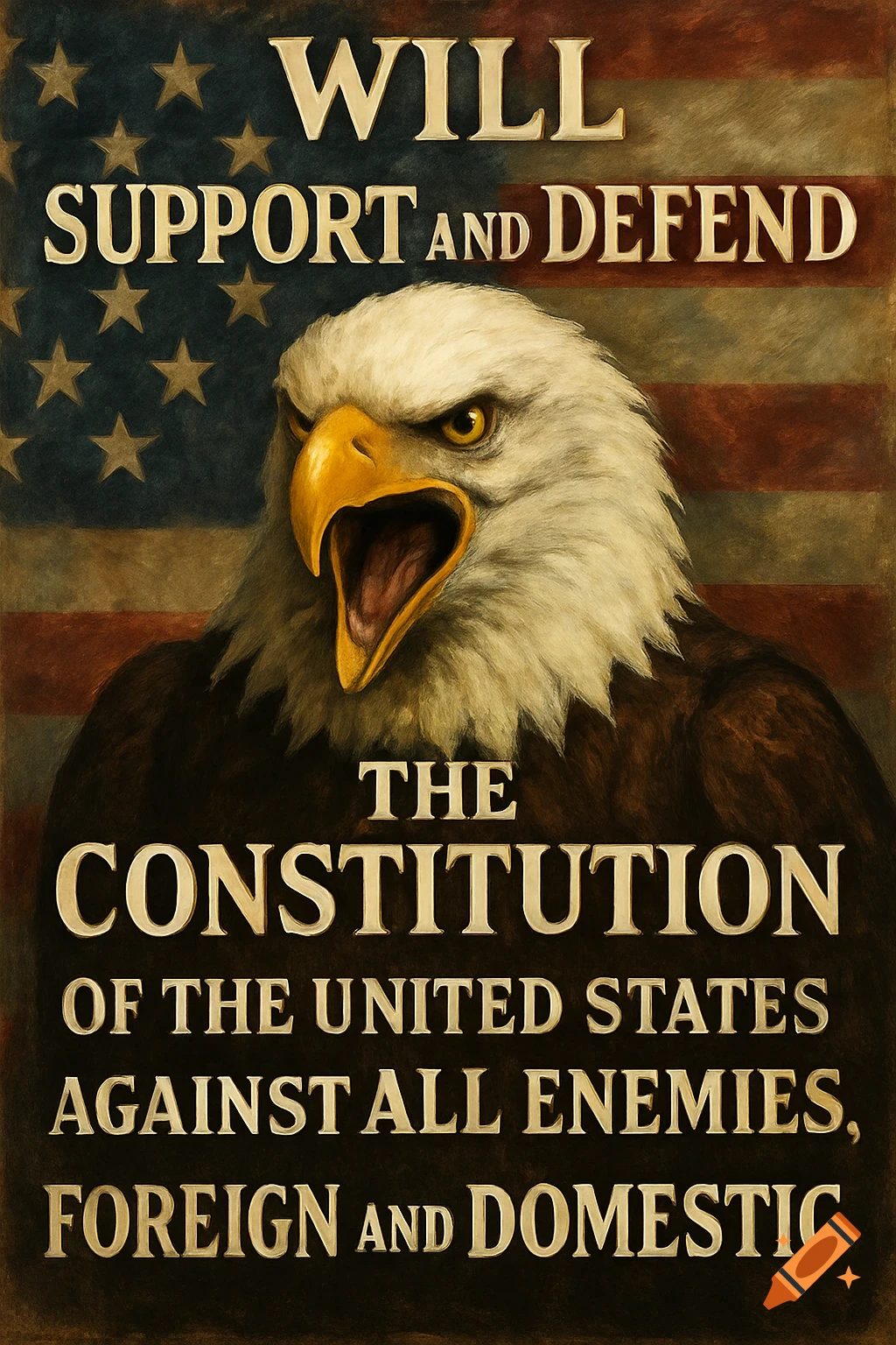 Patriotic poster with an angry bald eagle over a US flag and text supporting the US Constitution.