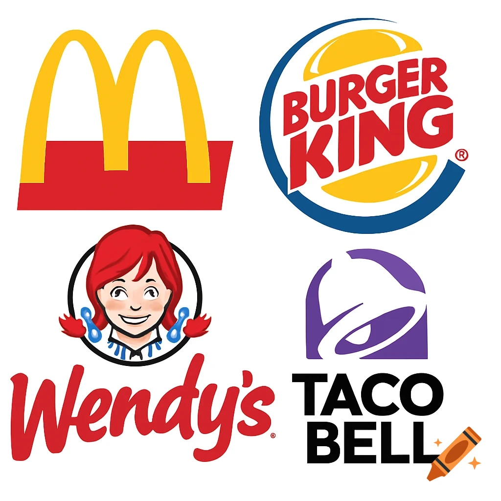 Collage of fast food logos: McDonald's, Burger King, Wendy's, Taco Bell.