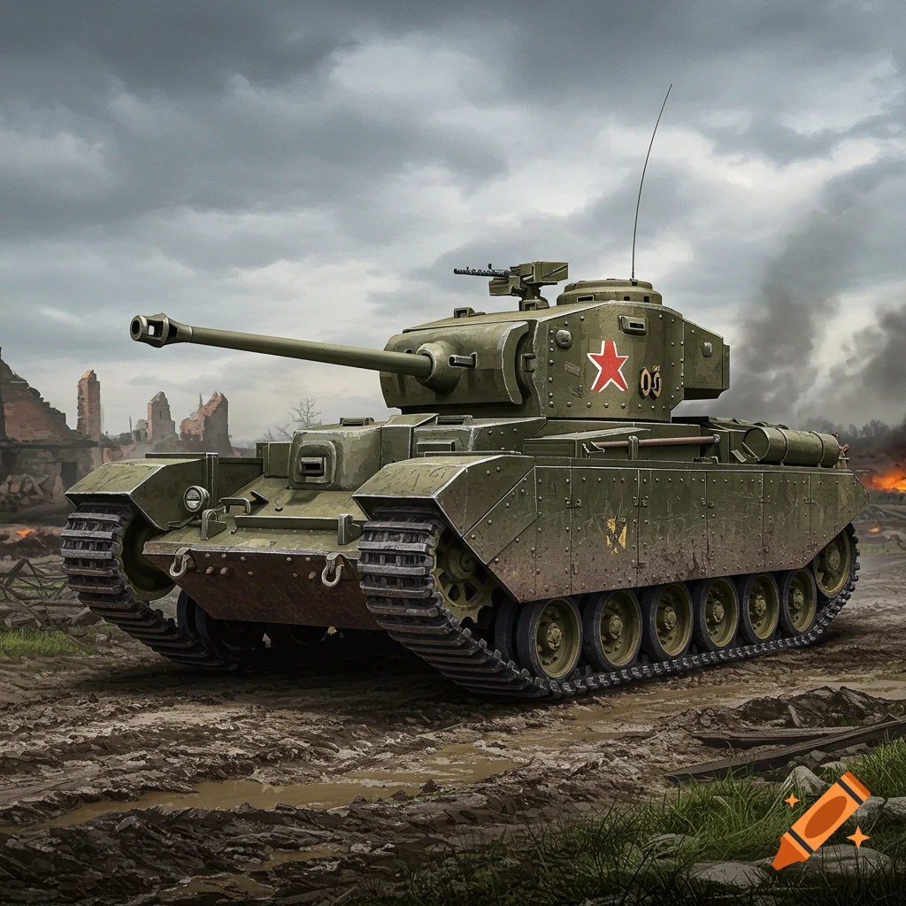 A military tank with a red star and the number 03 on its turret sits in a muddy field in front of ruined buildings under a cloudy sky.