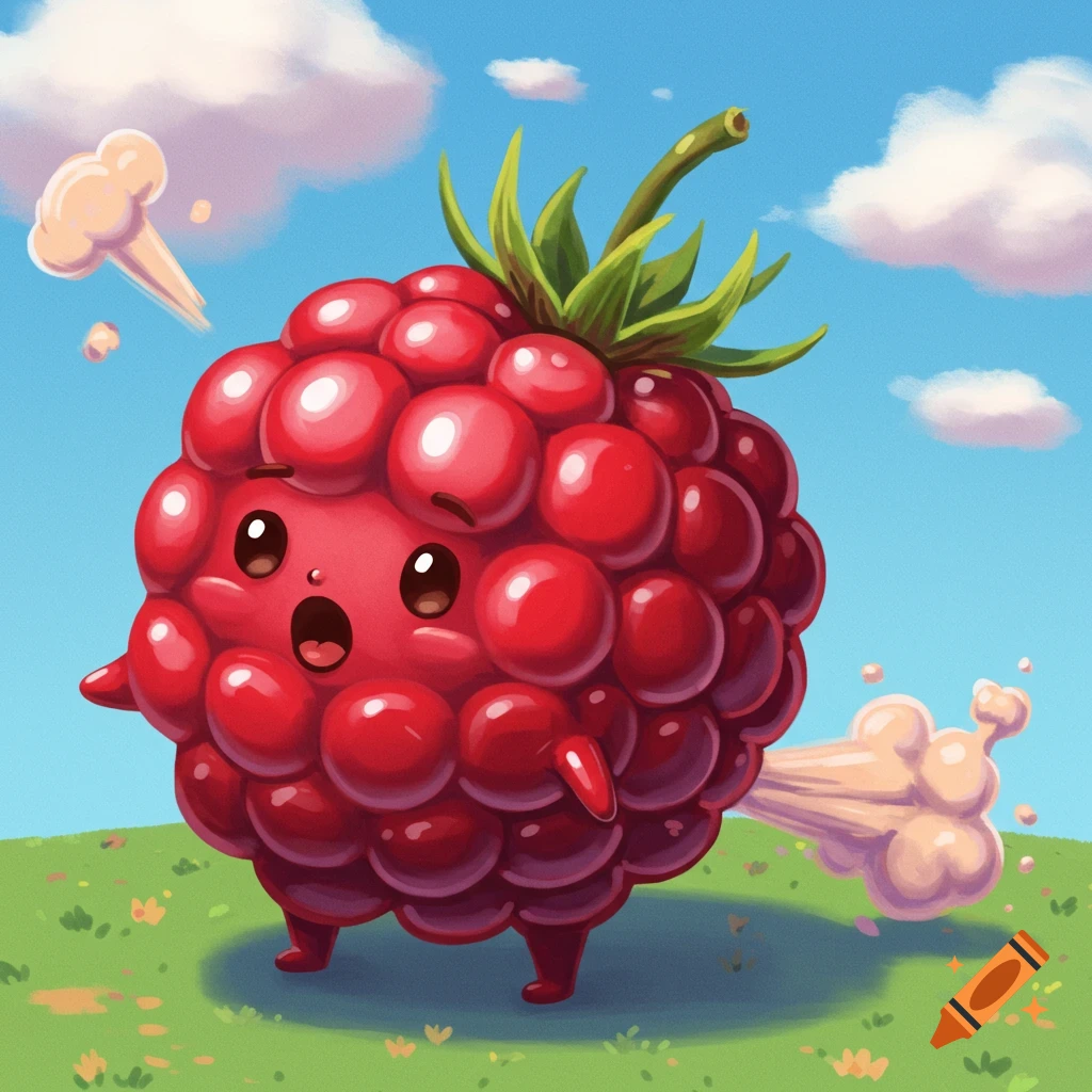 A cute cartoon raspberry character farts a large cloud while standing in a grassy field under a blue sky.