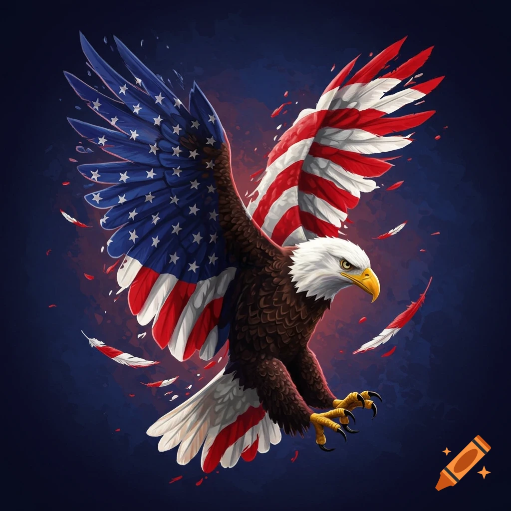 Stylized illustration of a bald eagle with wings designed like the American flag in flight.