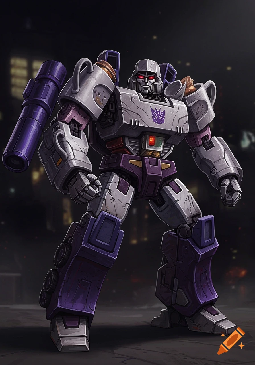 An illustration of a robot similar to Megatron, constructed from mugs and teacups, standing in a city.