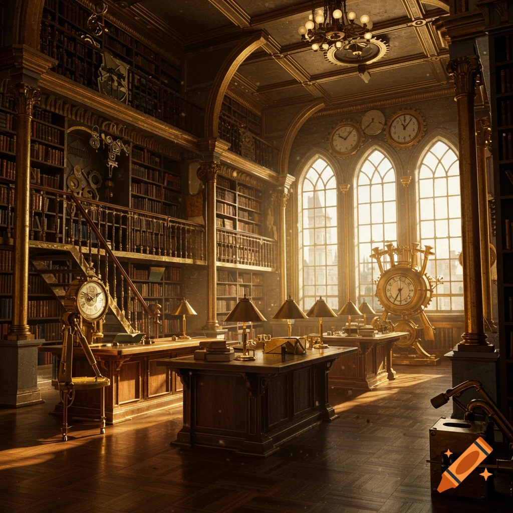 Steampunk library interior with large bookshelves, desks, and clockwork machinery.
