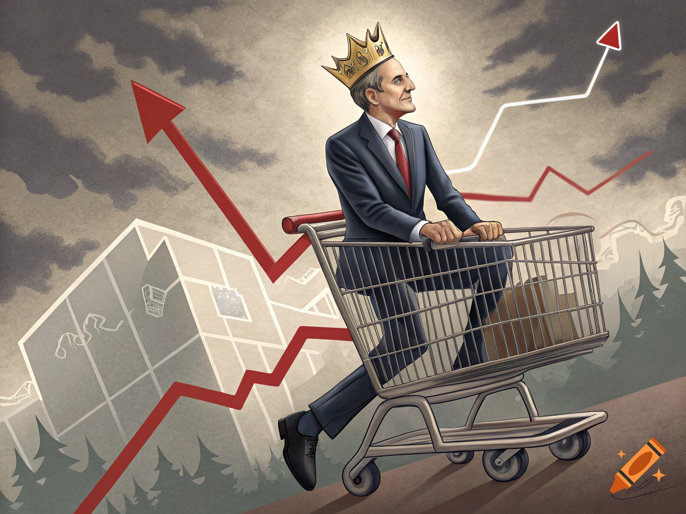 Illustration of a man in a suit and crown riding a shopping cart up an economic graph line, with charts and clouds.