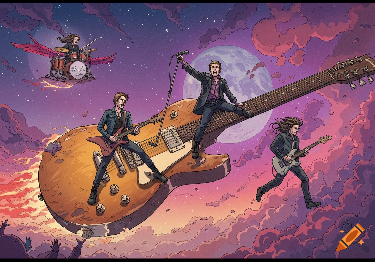 Illustration of a rock band flying through a colorful sky on a giant guitar with the drummer on winged drums.
