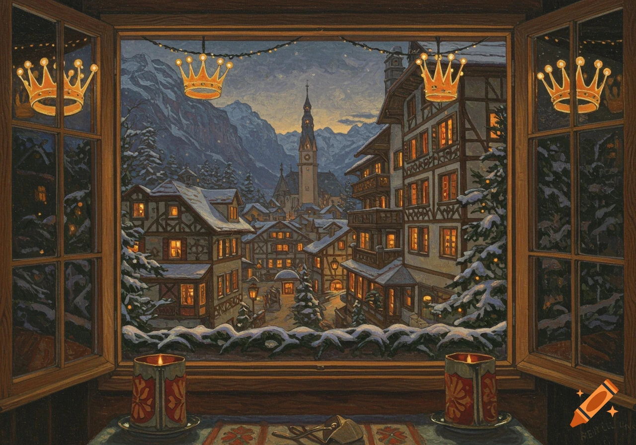 A snowy village scene at dusk, viewed through an open window with lit candles and glowing crown decorations.