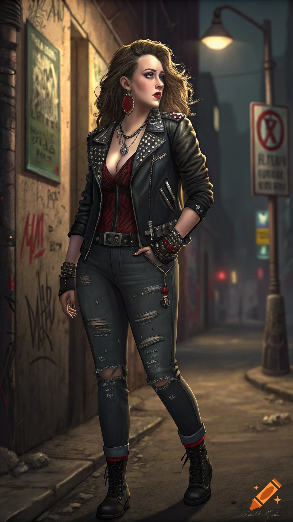 Woman in punk rock outfit with leather jacket in an urban alley.
