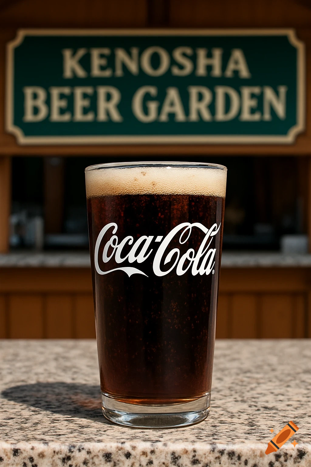 Glass of Coca-Cola on a granite bar with a Kenosha Beer Garden sign in the background.