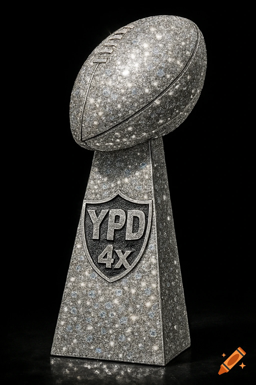 Diamond-covered football trophy with a shield reading 'YPD 4X' on a black background.