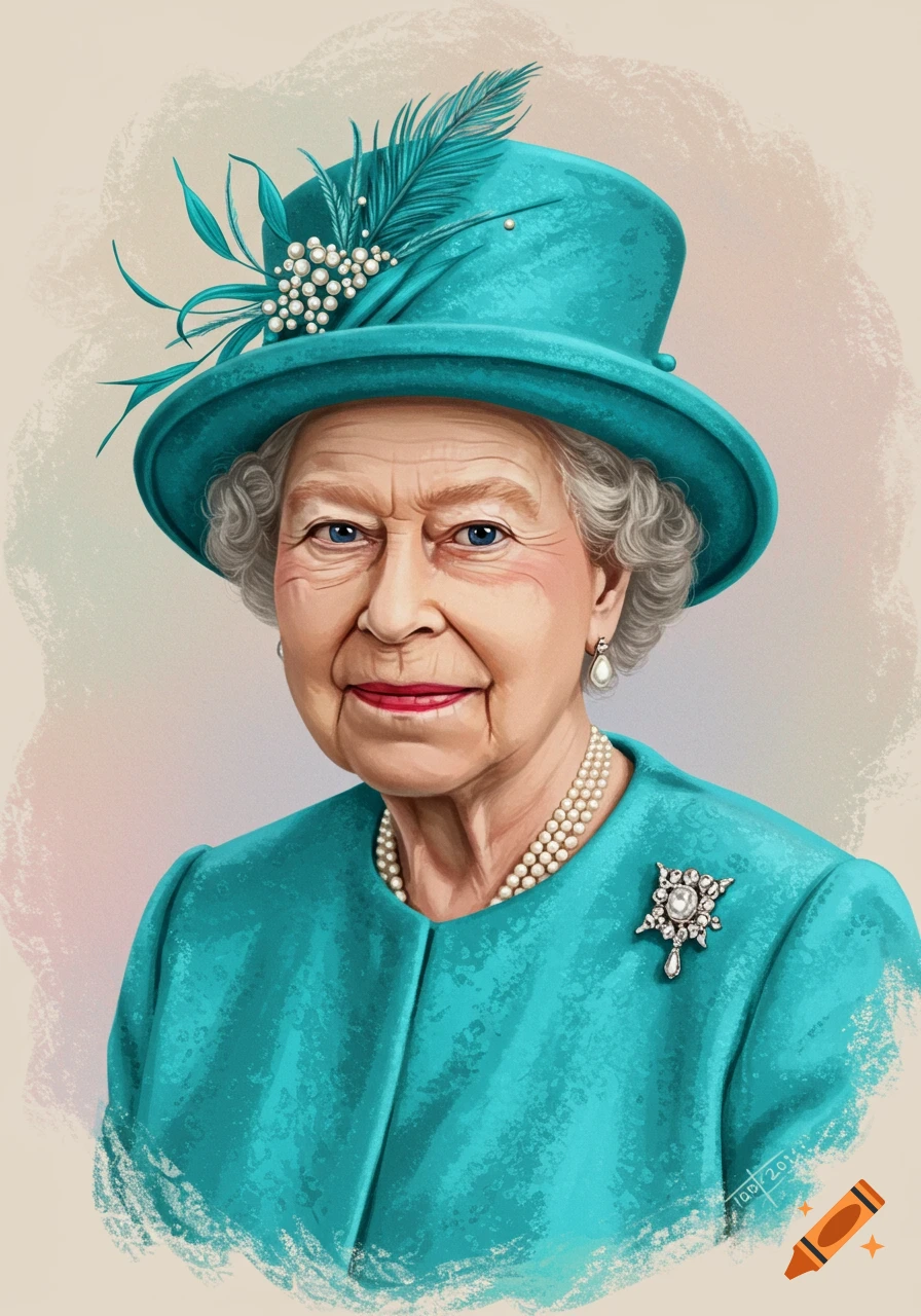 Illustration of Queen Elizabeth II wearing a teal hat and outfit with pearls and a brooch.