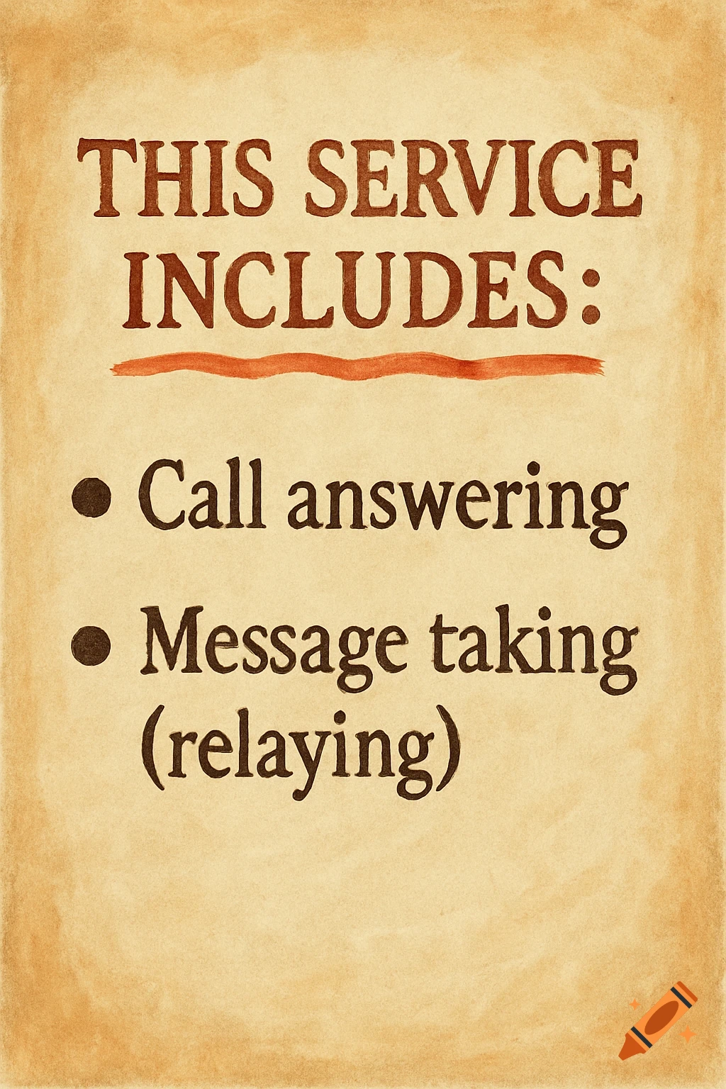 A list on a textured background reading 'THIS SERVICE INCLUDES: Call answering Message taking (relaying)'