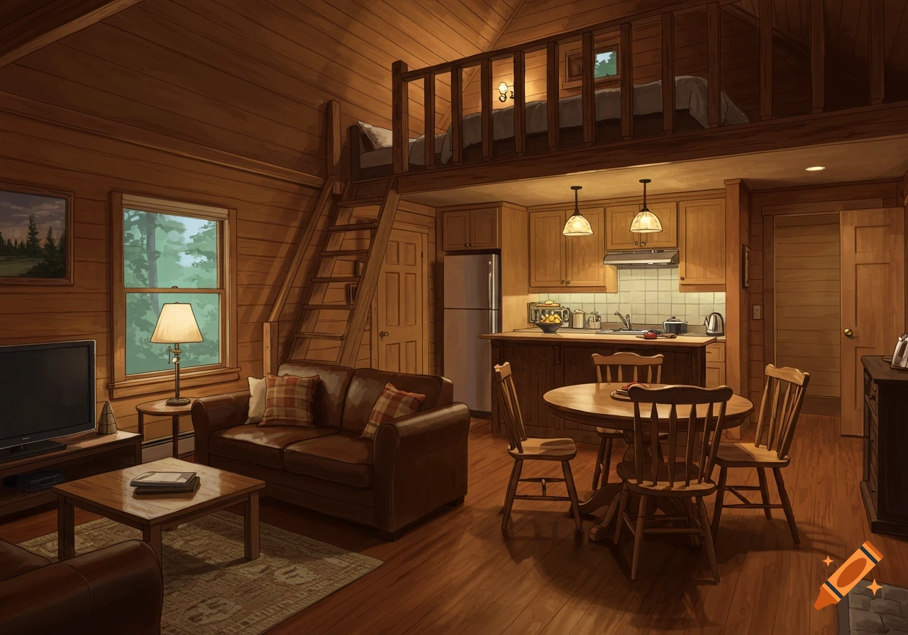 Cozy interior of a rustic cabin apartment with a living area, kitchen, dining table, and a loft bedroom above.