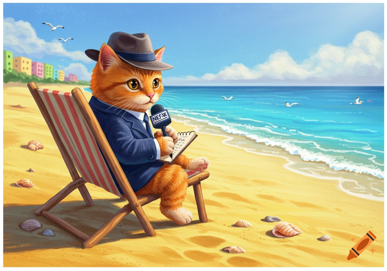 An illustration of an orange tabby cat reporter in a suit and hat ...