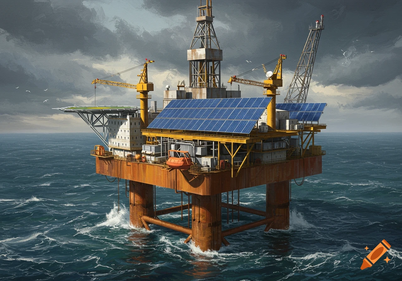 An oil rig with solar panels stands in a stormy sea.