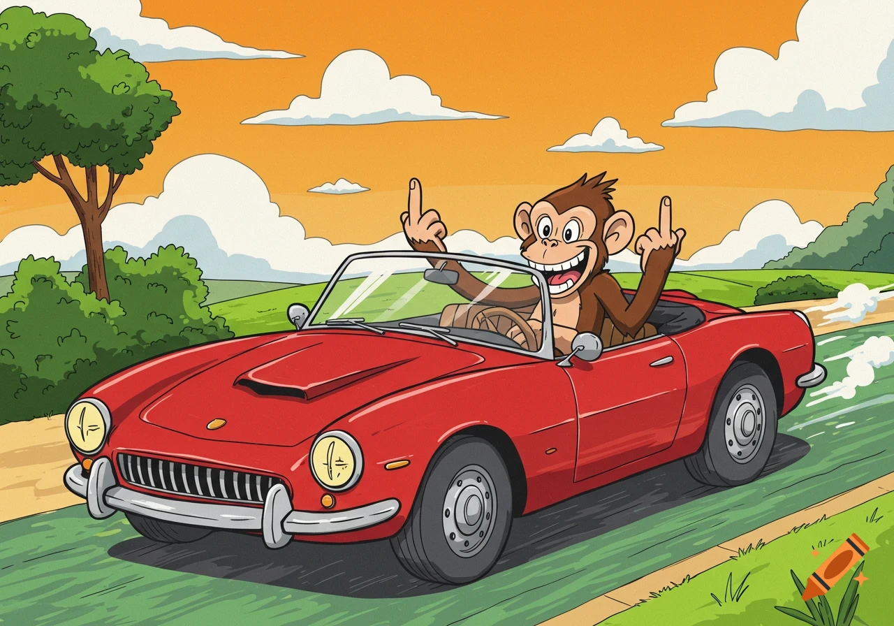 Cartoon monkey in a red convertible driving and giving the middle finger.