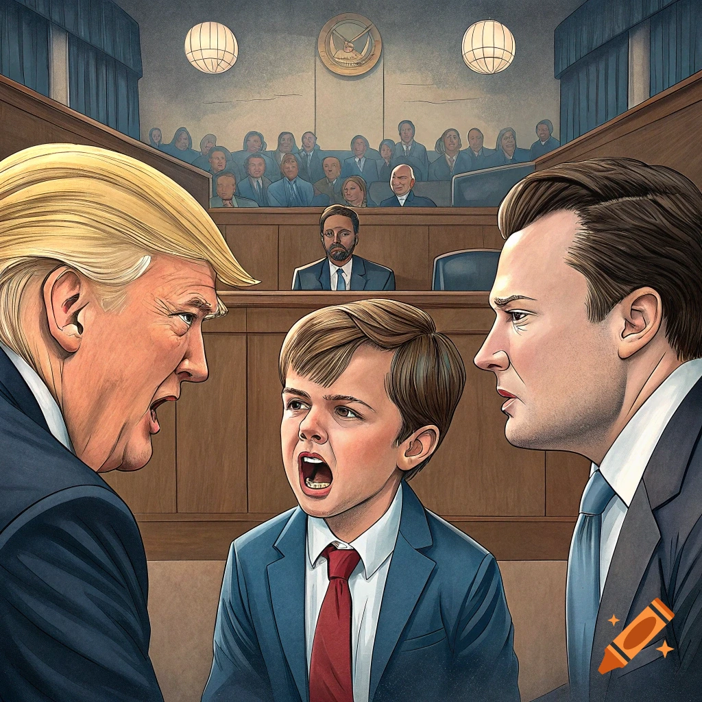 Illustration of Donald Trump and Elon Musk arguing over a distressed child in a courtroom.