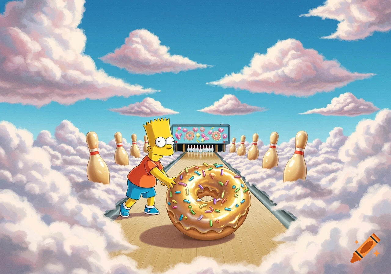 Cartoon of Bart Simpson bowling a giant donut on a lane in the clouds with bowling pins.