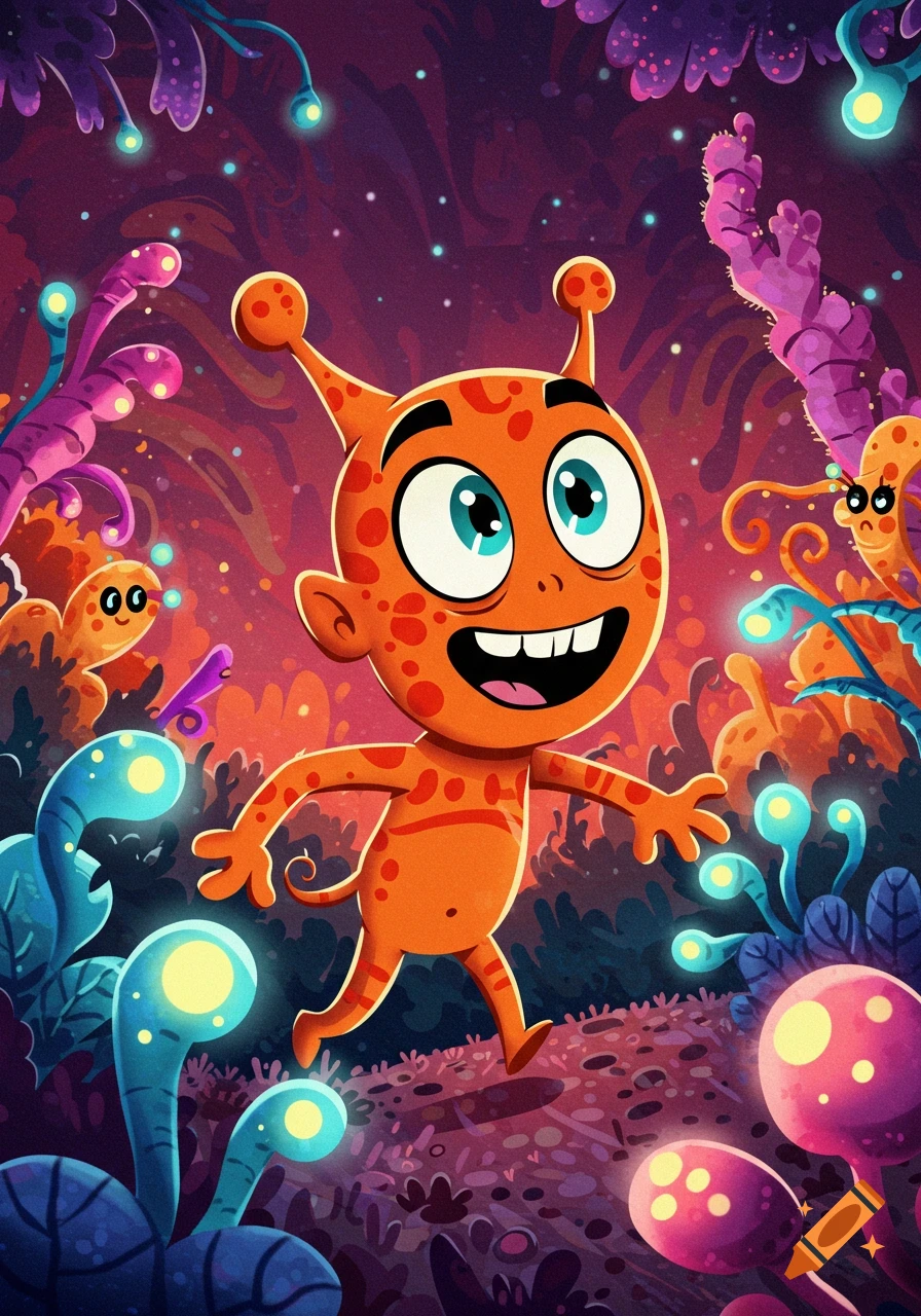 Cartoon alien walking in a vibrant alien landscape with glowing plants.