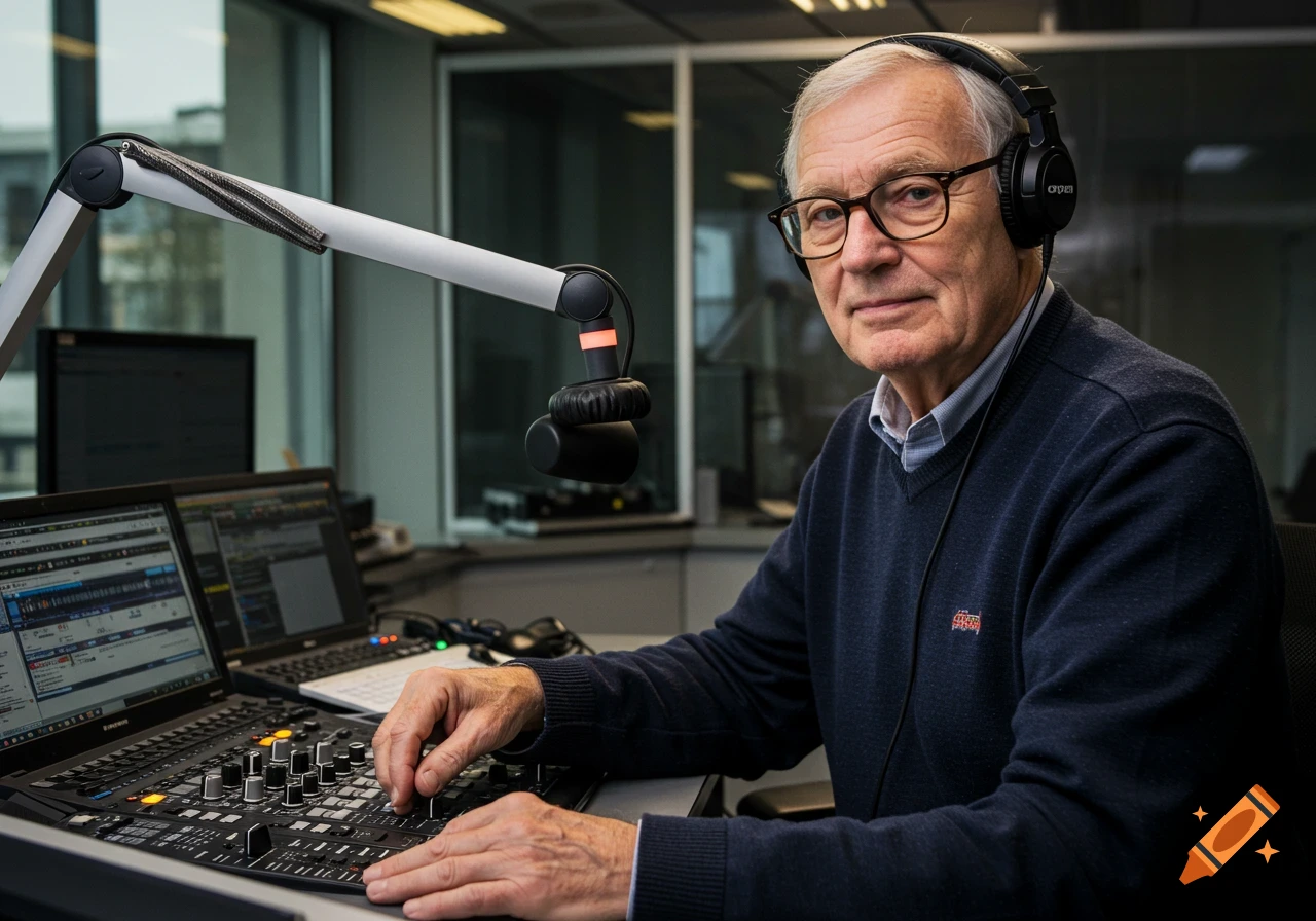 Older man with headphones operating a radio mixing board in a studio, photorealistic style.