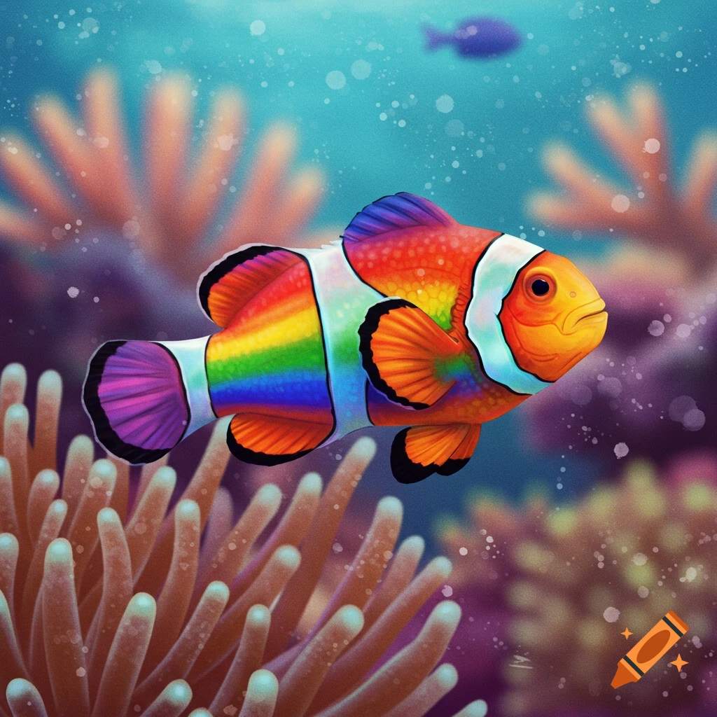 A rainbow clownfish swims among orange anemones underwater in a colorful, illustrative style.