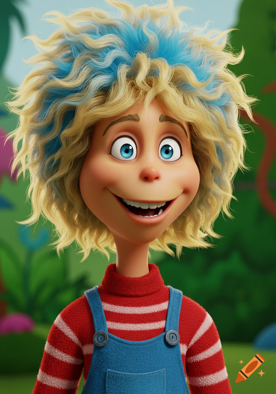 Cartoon character similar to Thing 1 with curly blonde hair and blue highlights, smiling in overalls.