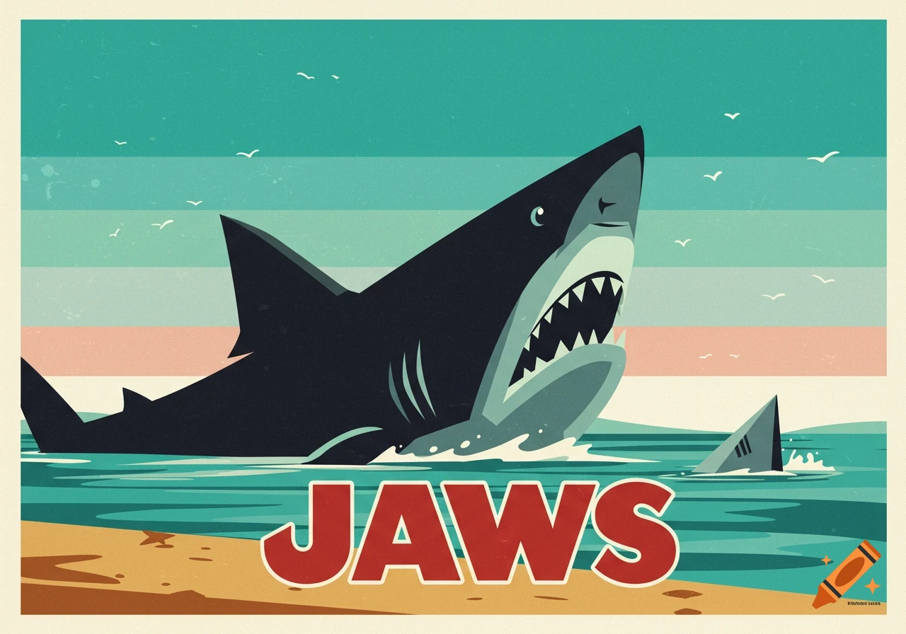 Mid-century modern poster featuring a large shark emerging from the water with the text JAWS below.