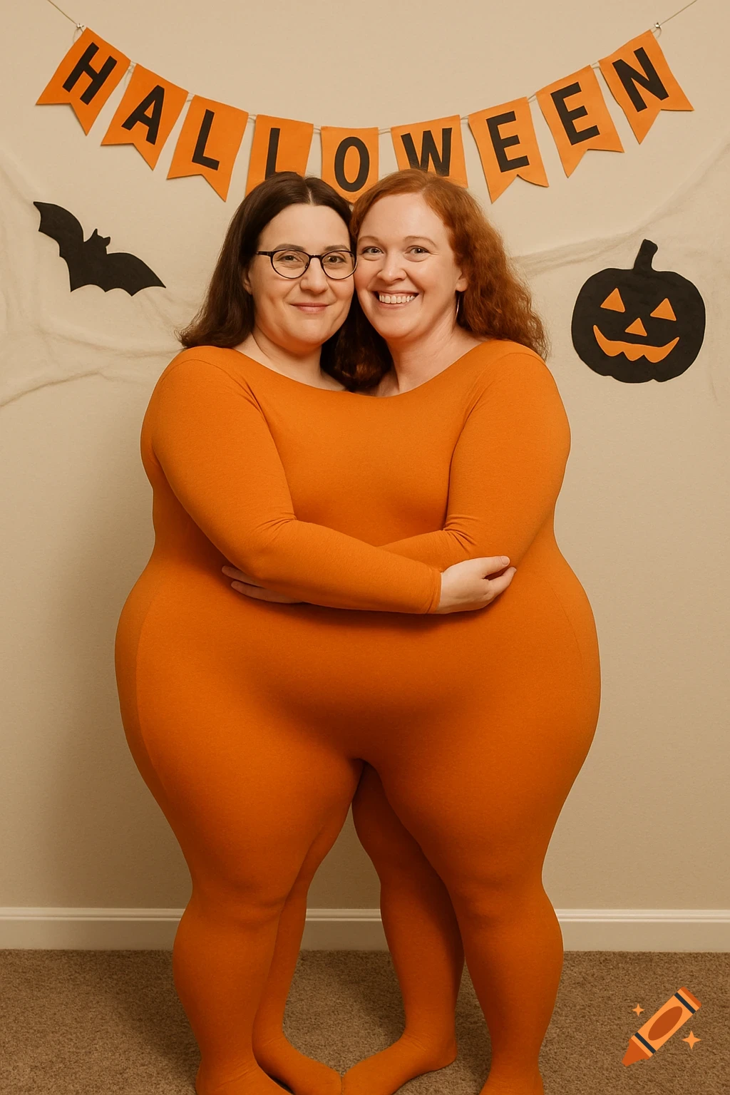 Two women in a pumpkin-like orange body suit costume pose in front of a Halloween banner.