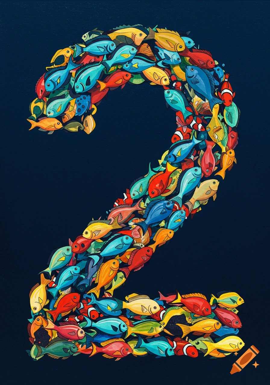 Colorful fish arranged to form the shape of the number 2 on a dark background.