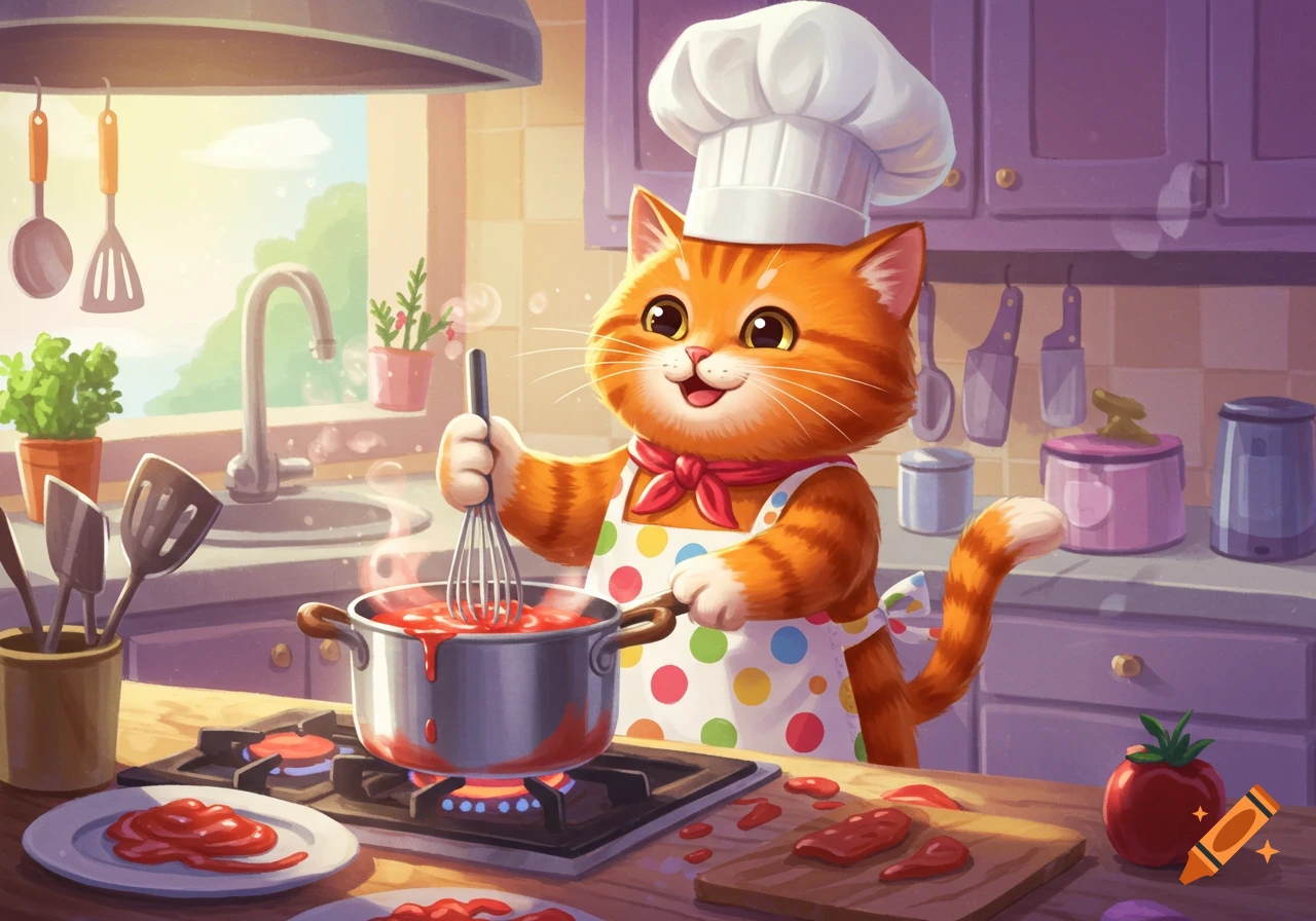 Cartoon orange cat chef in a white hat and polka dot apron stirring red sauce in a pot on a stove in a kitchen.