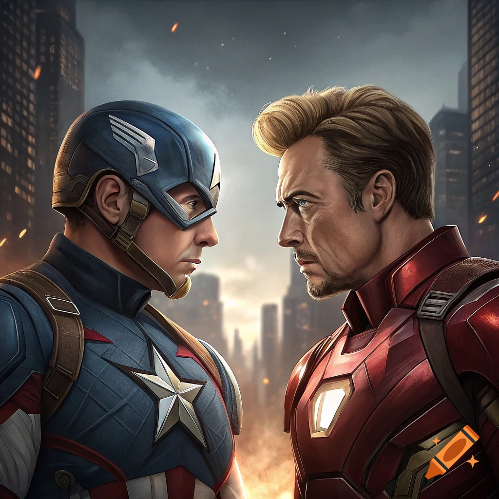 Captain America and Iron Man (stylized as Trump and Musk) face off in a city.