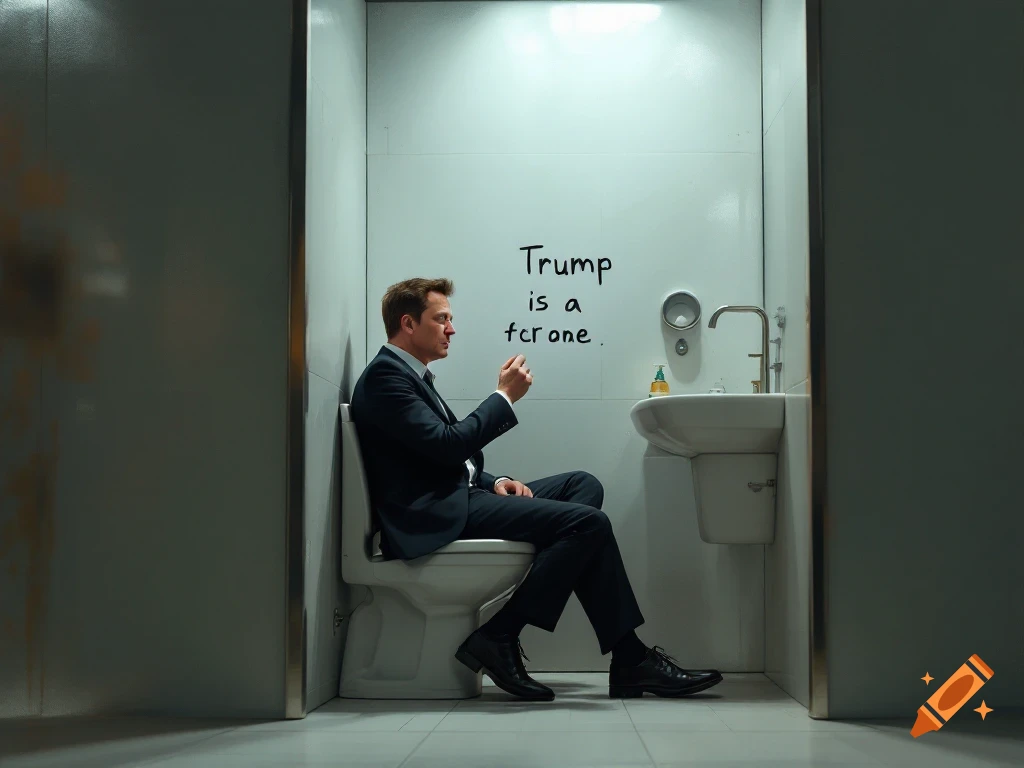 A man sits on a toilet in a bathroom stall writing on the wall.