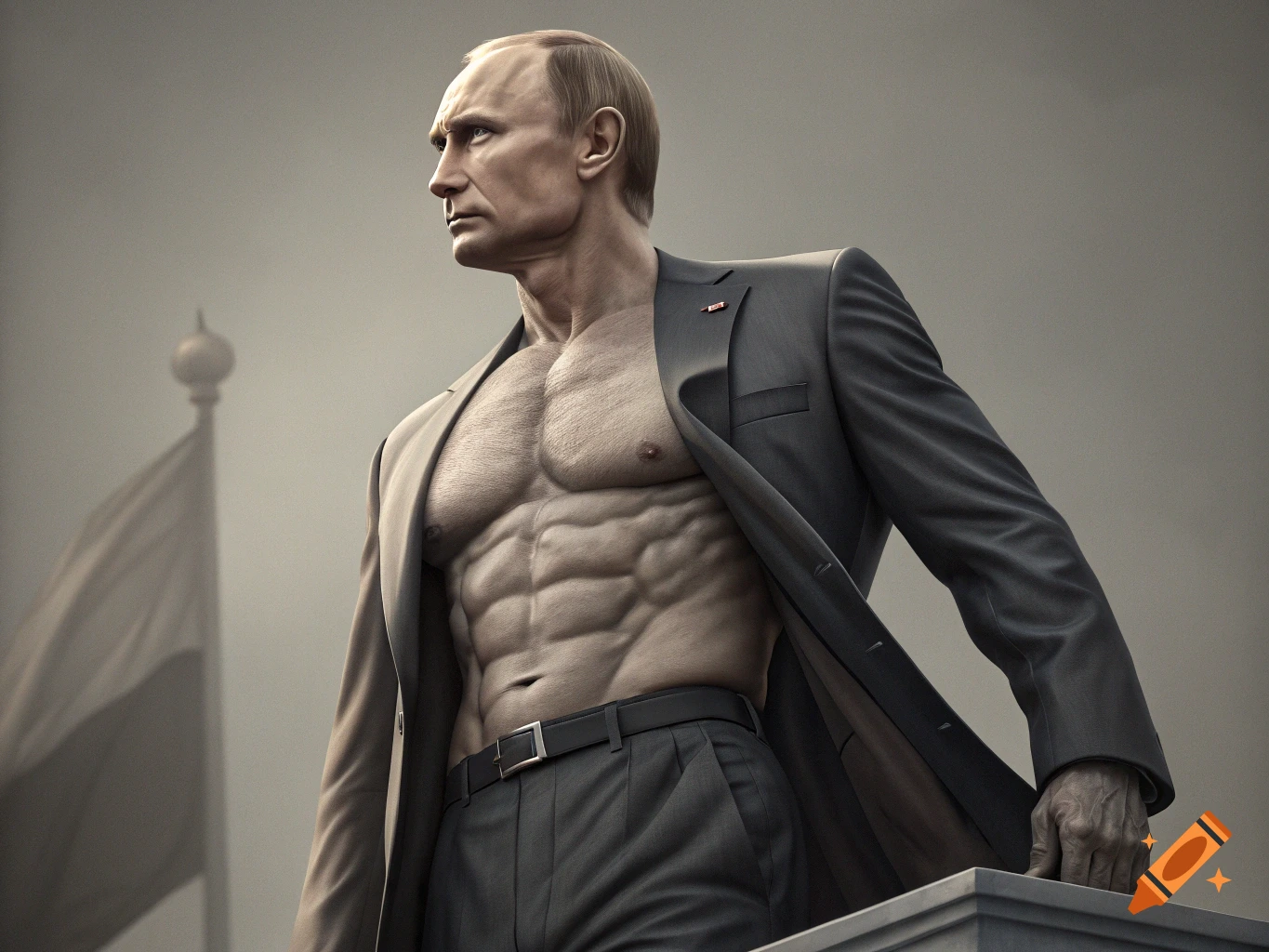 Photorealistic image of Vladimir Putin with exaggerated six-pack abs, wearing a suit jacket over his bare chest, standing outdoors.