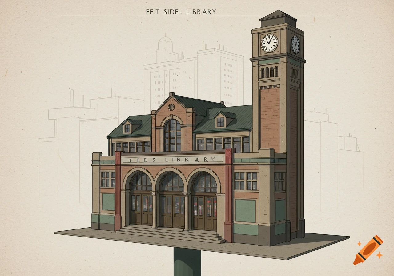 Illustration of a building resembling the West Side Market with arched doors, a clock tower, labeled "FEES LIBRARY". Sketchy building outlines in the background.