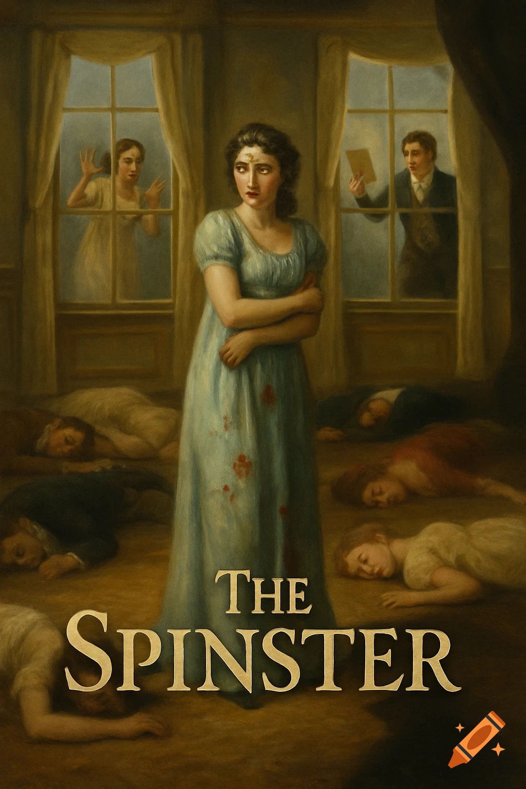 Dark painting of a woman in a bloody blue dress surrounded by dead bodies, with people in windows, title 'The Spinster' at bottom.