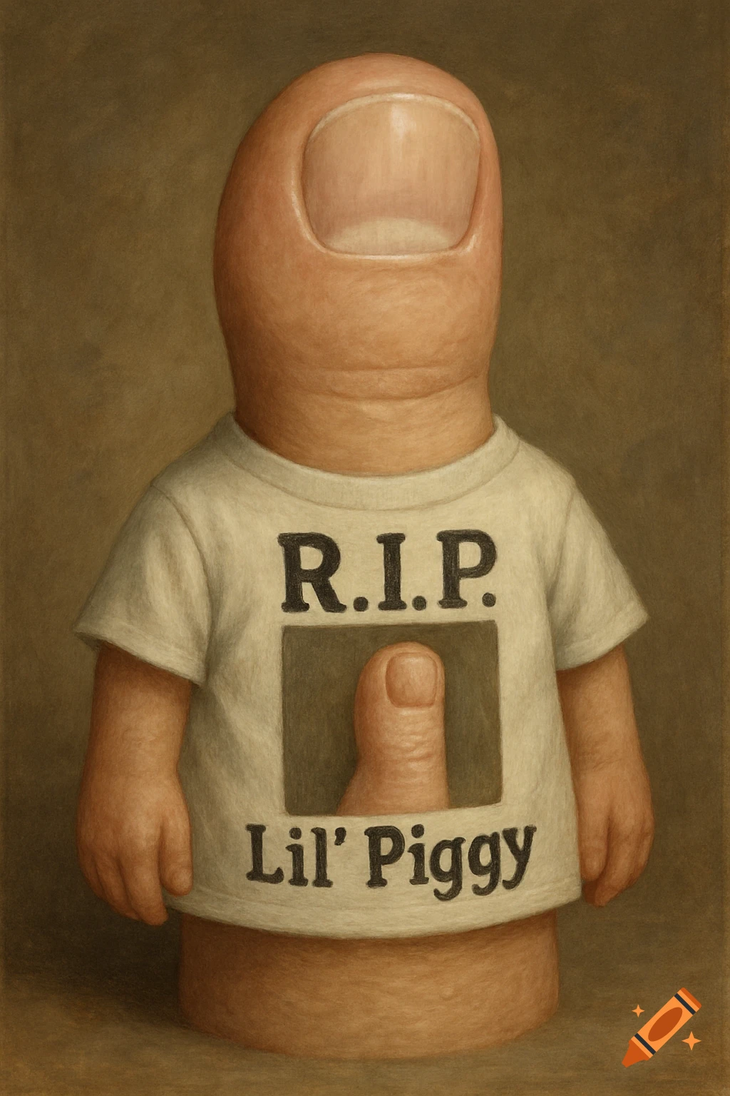 Surreal painting of a large toe wearing a t-shirt with "R.I.P. Lil' Piggy" text and a picture of a smaller toe.