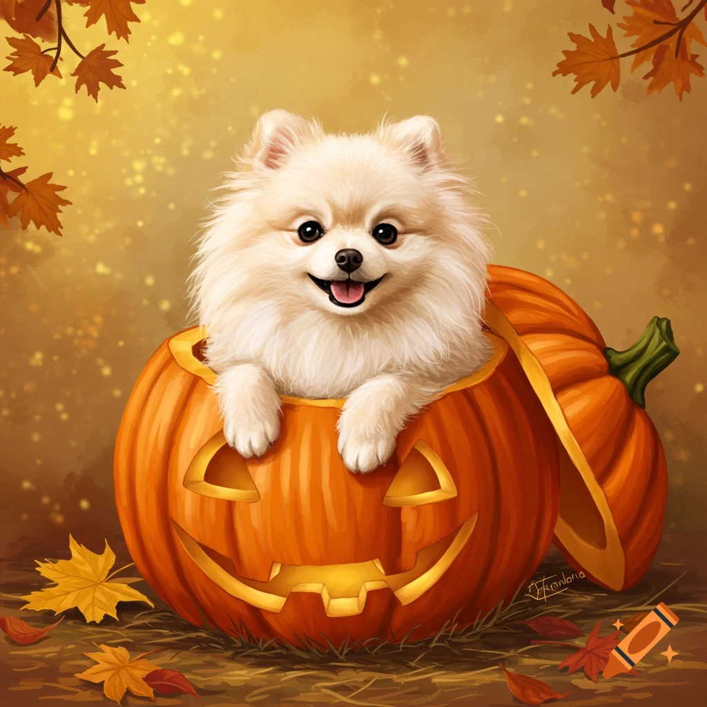 A cute Pomeranian dog peeks out of a carved Halloween pumpkin surrounded by autumn leaves.