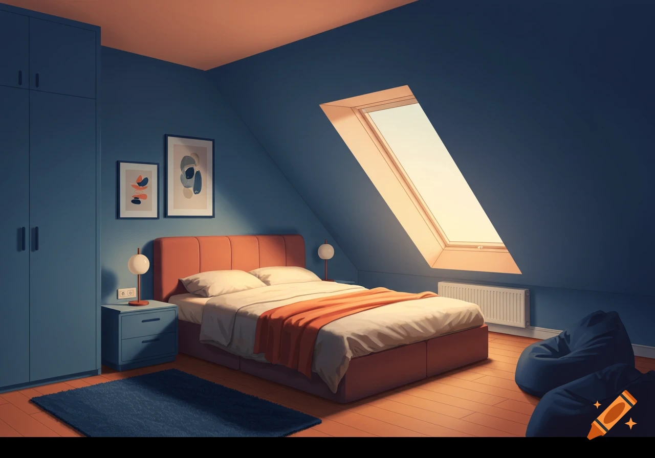 Bedroom interior with a bed, nightstand, wardrobe, bean bags, and a large slanted window.