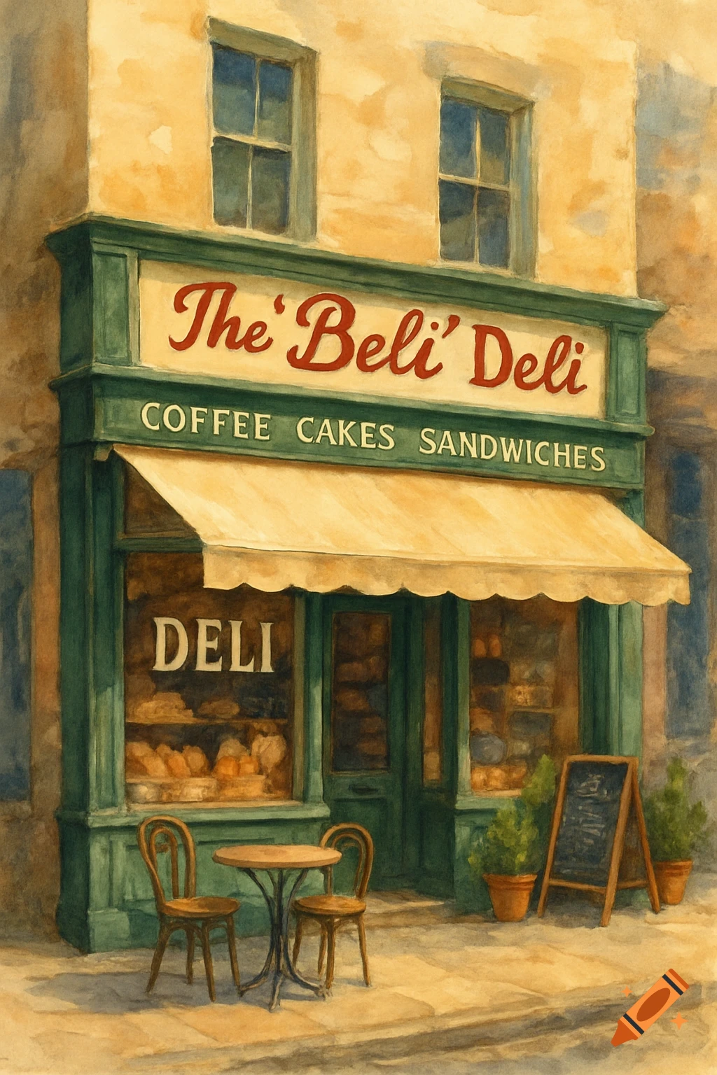 Watercolor painting of a cafe or deli storefront with tables and chairs outside. Text on the sign reads "The 'Beli' Deli" and "Coffee Cakes Sandwiches".
