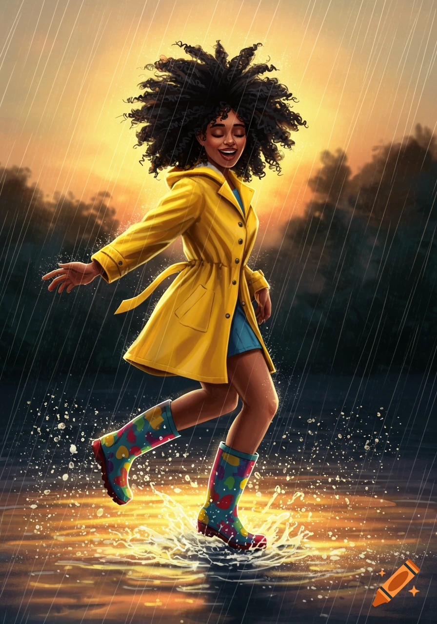 Woman in yellow raincoat and colorful boots dances happily in the rain, splashing water.