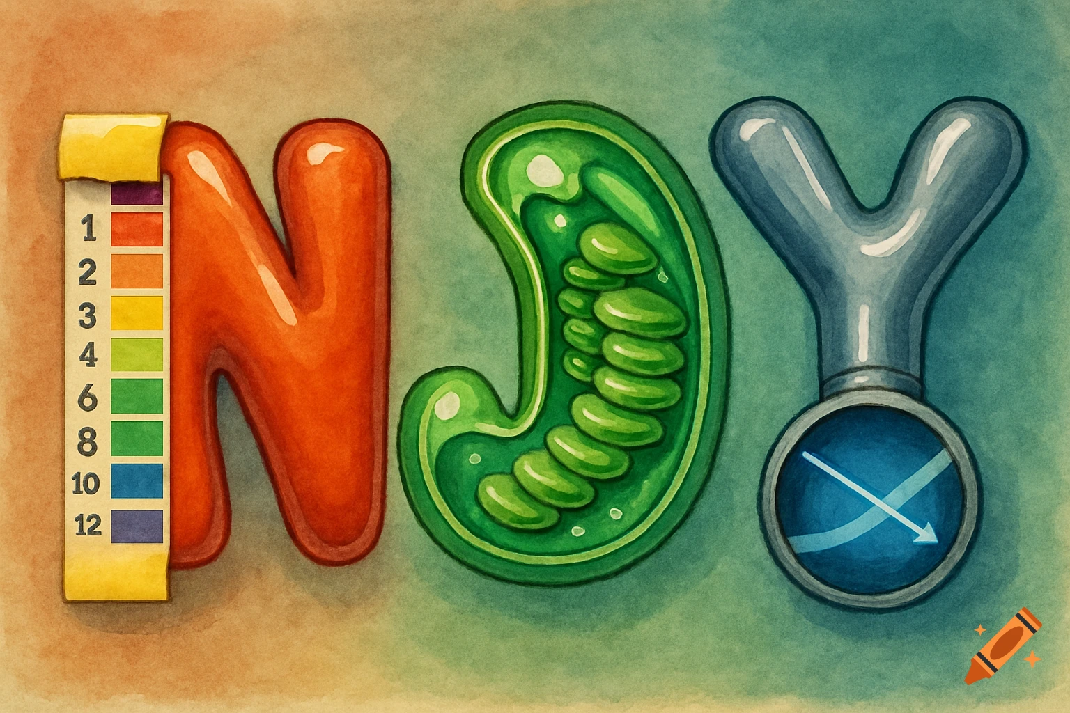 Watercolor illustration of the letters N, J, Y represented as a pH scale, a chloroplast, and an endoscope.