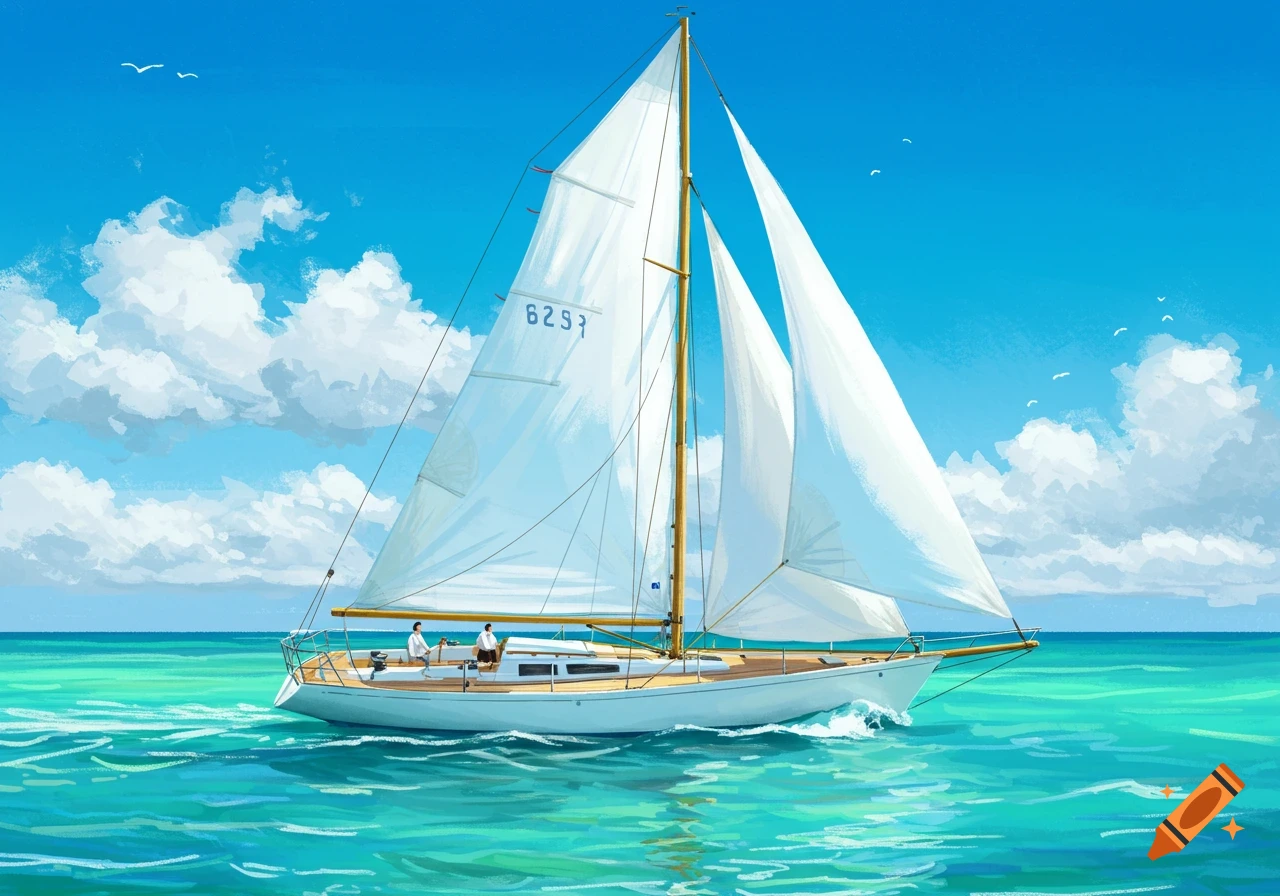A sailboat with white sails glides on bright blue water under a blue sky, digital painting.