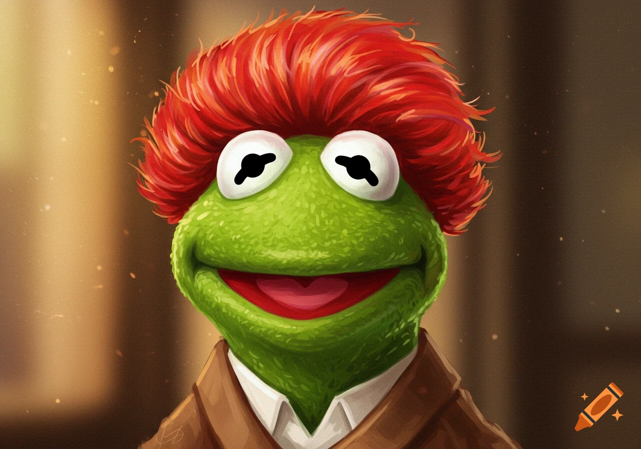 Digital painting close-up of a green frog character with bright red hair, wearing a brown jacket and white shirt.