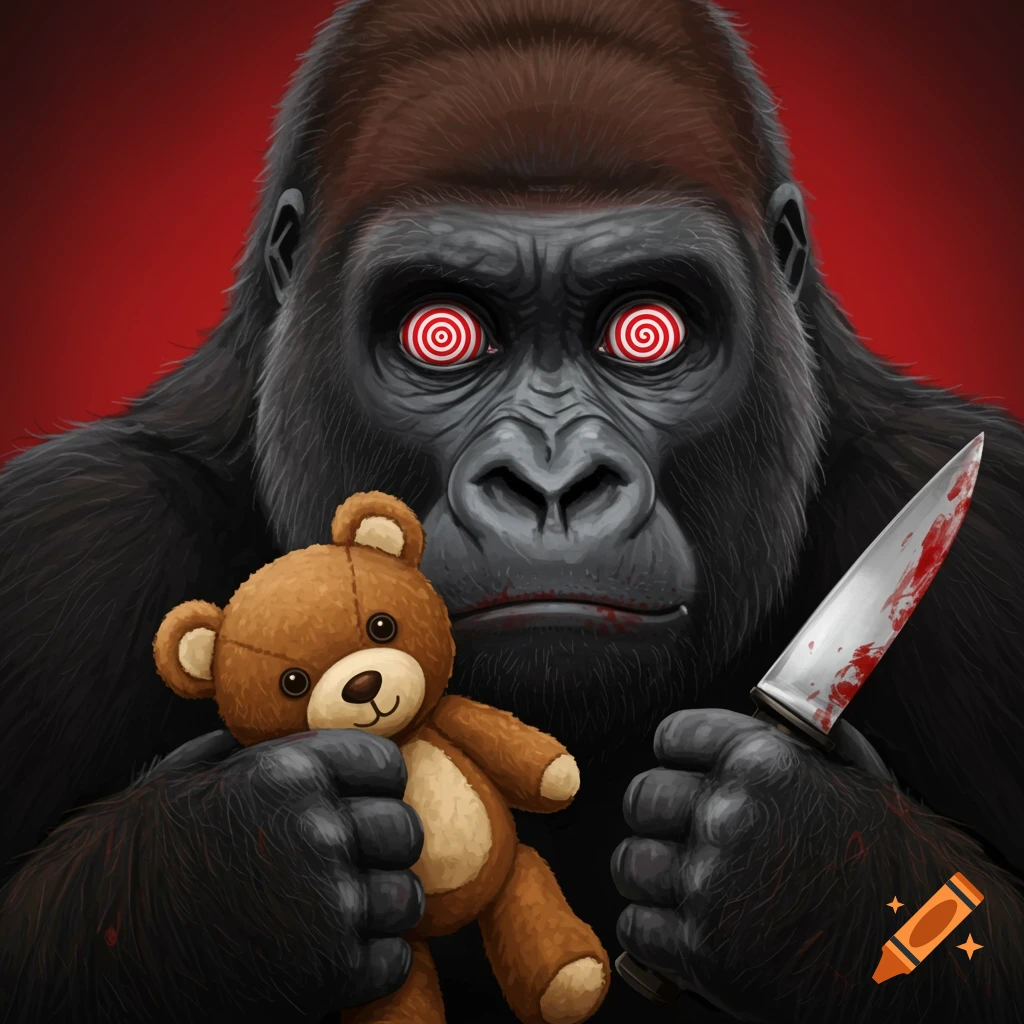 Illustrative portrait of a gorilla with hypnotic eyes holding a teddy bear and a bloodied knife.