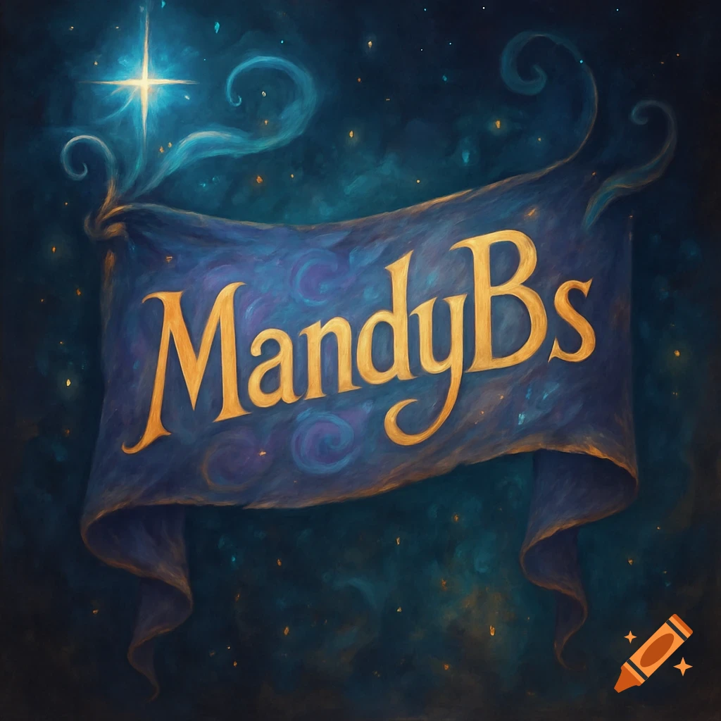 A blue banner with 'MandyBs' in gold letters against a starry night sky with a bright star