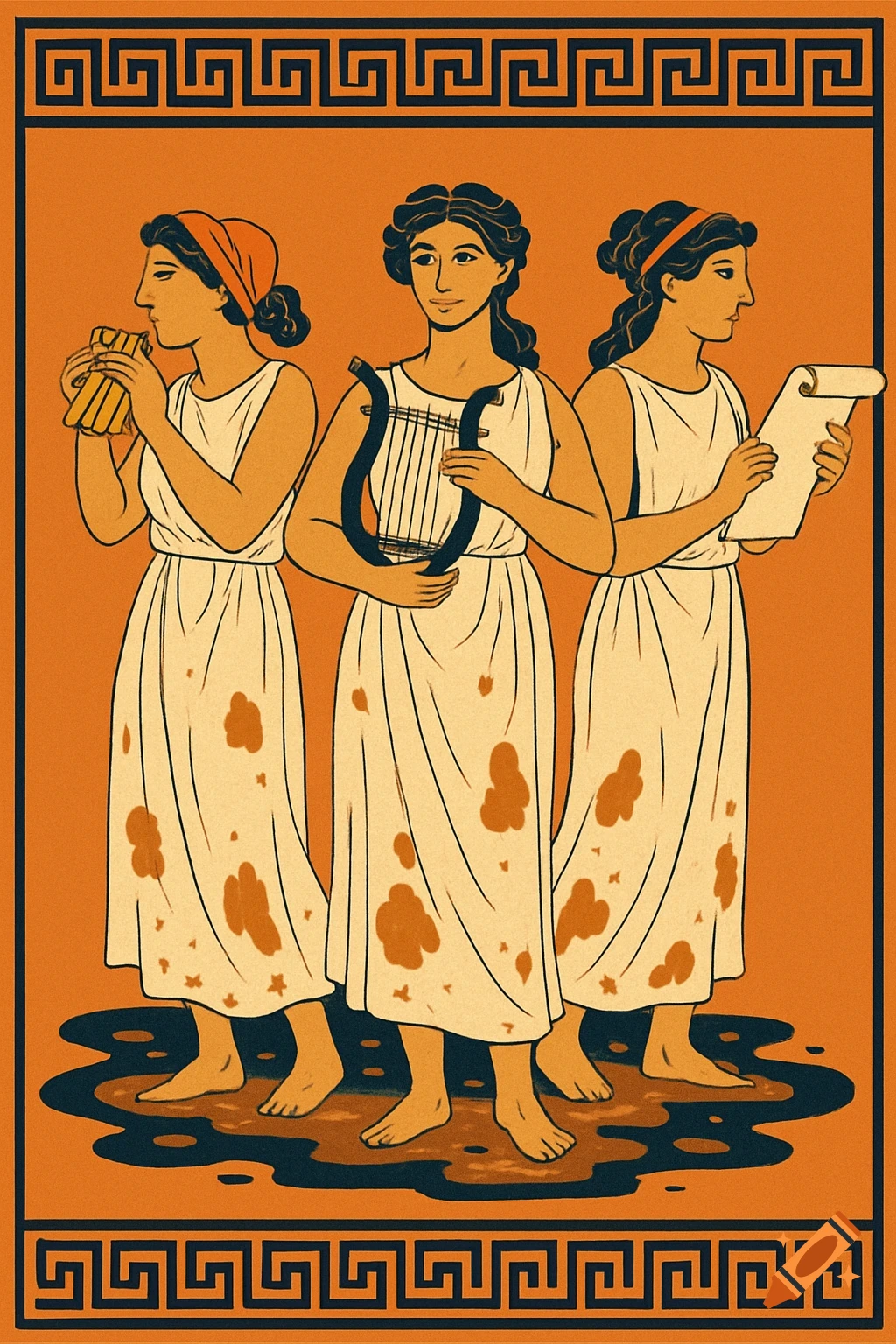 Ancient Greek pottery style illustration of three women playing music and reading a scroll, with a meander border.