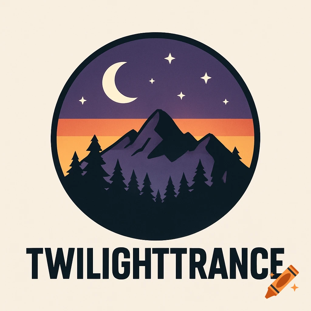 Vector art logo of a mountain landscape under a moonlit sky with stars and text 'TWILIGHTTRANCE'