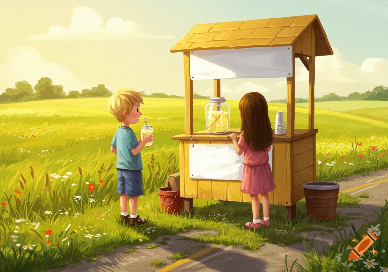 Two children at a lemonade stand in a sunny, grassy field in an illustrated style.
