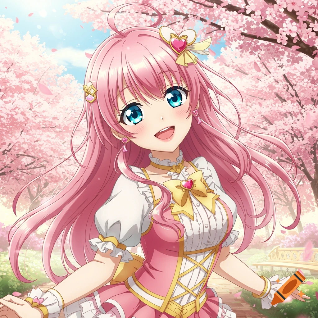 Anime girl with pink hair in pink dress in cherry blossom park
