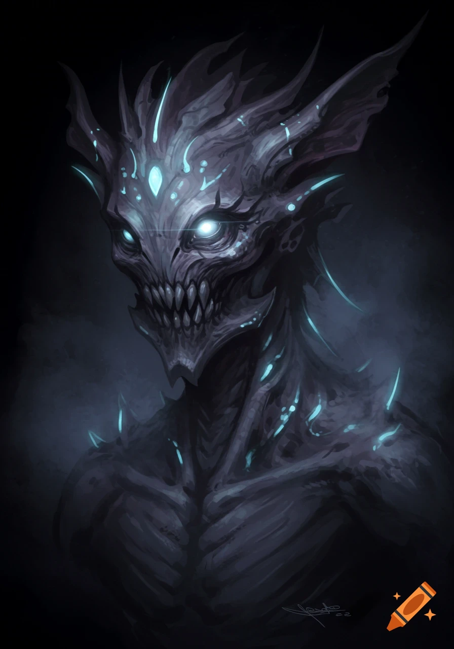 Illustration of a dark, alien monster with glowing blue eyes and highlights.